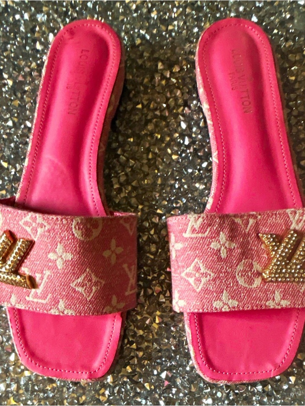 Louis Vuitton Pink Monogram Crystal LV Slide Sandals